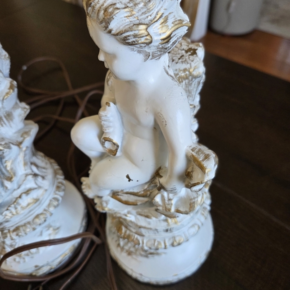 Vintage Cherub Table Lamps Off White Gold Hues Matching Set - Picture 16 of 16